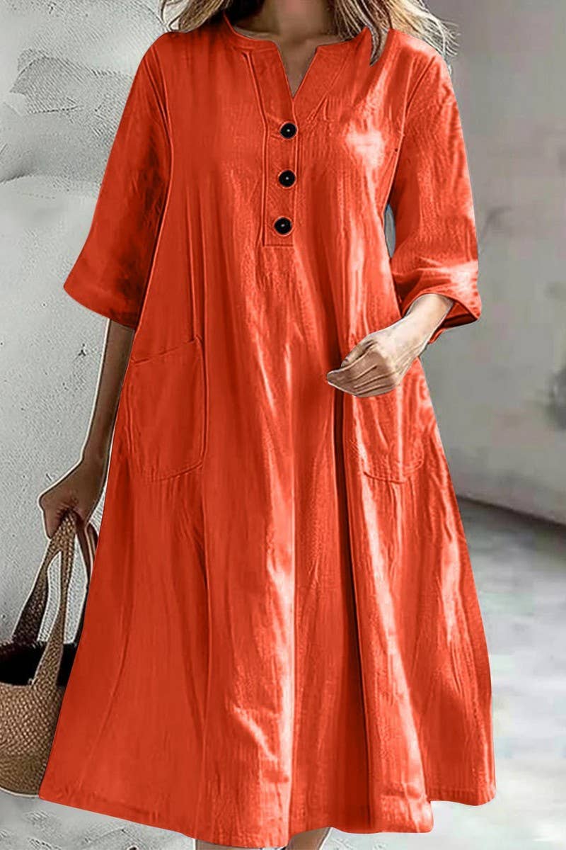 CWDMD01065_V-NECK LOOSE THREE-BUTTON POCKET DRESS