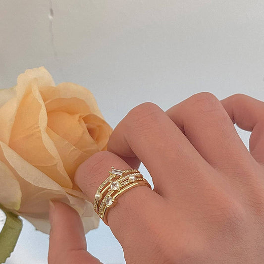 GOLD MULTI-LAYER HOLLOW ZIRCONIA SHELL PEARL RING