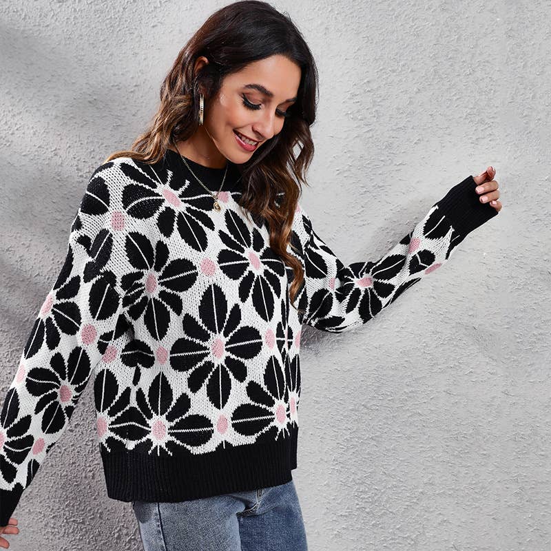 FLORAL DROP SHOULDER LONG-SLEEVED KNIT SWEATER