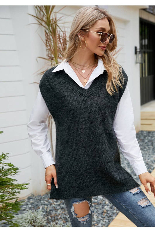 CWOSWSL0105_CASUAL MID-LENGTH SLEEVELESS V-NECK KNITTED TOP