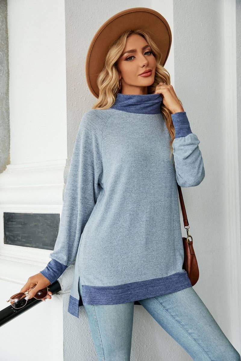 CWOSWL6537_HIGH-NECK CONTRASTING COLOR LONGSLEEVED SPLIT TOP