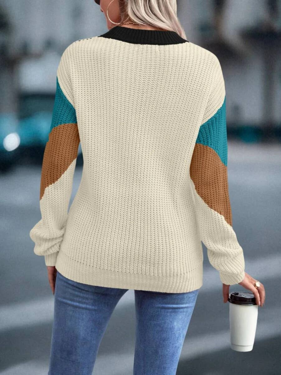 CREW-NECK COLOR SPLICING BASIC PULLOVER SWEATER