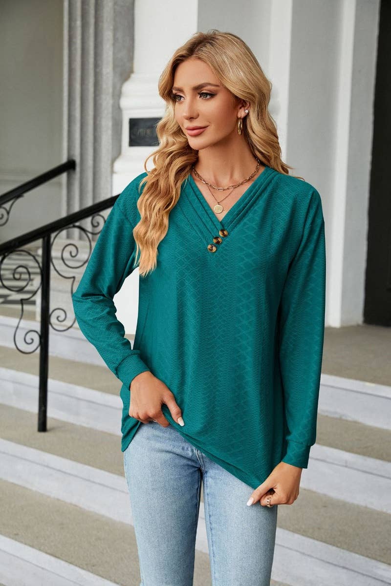CWTBLL2802_FALL V-NECK BUTTON-UP LONG-SLEEVED TOP
