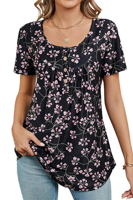 CWTBLS0850_BUTTON PRINT FLORAL SHORT SLEEVE BAGGY TOP