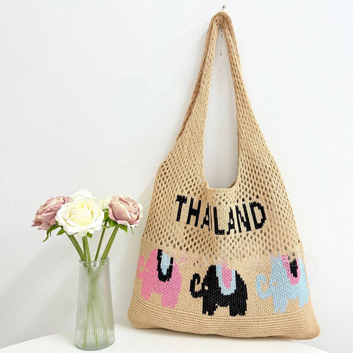 CUAB00632_2025 BOHO ELEPHANT STRAW TOTE BAG BEACH VACATION