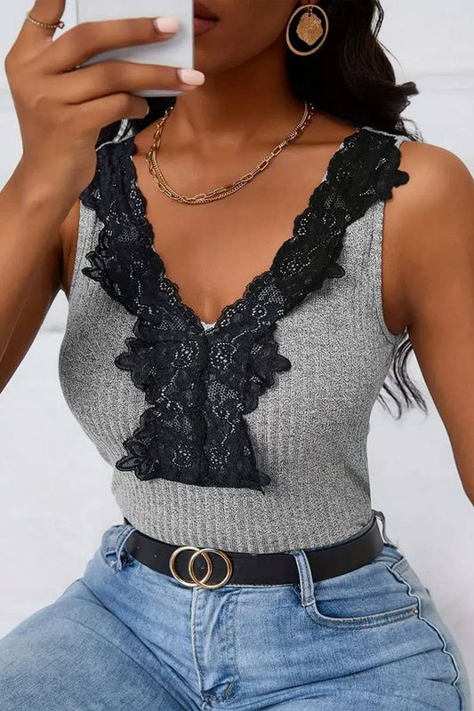 CWTTSL0351_TEMPERAMENT LACE SPLICING V-NECK RIBBED VEST