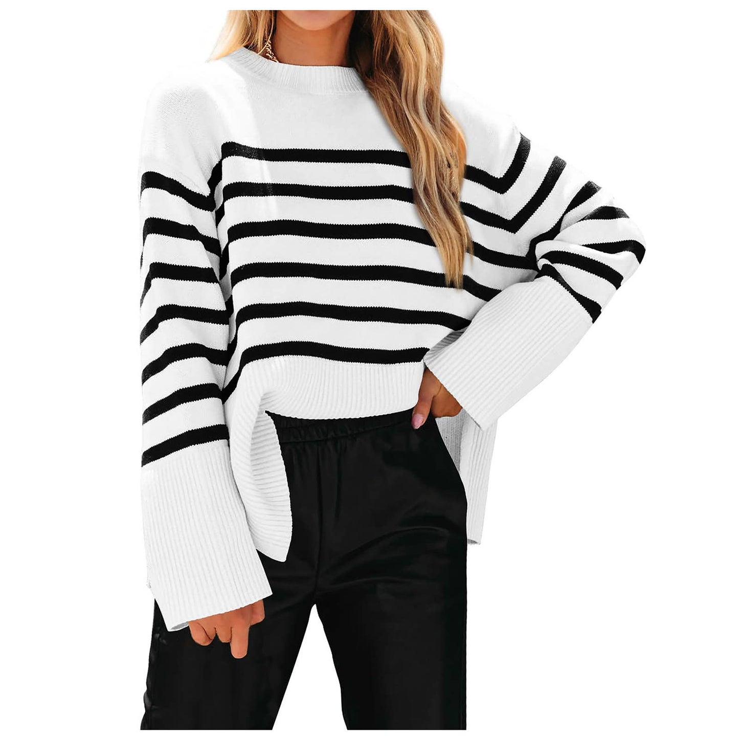 Crew-neck loose striped sweater with fat sleeves