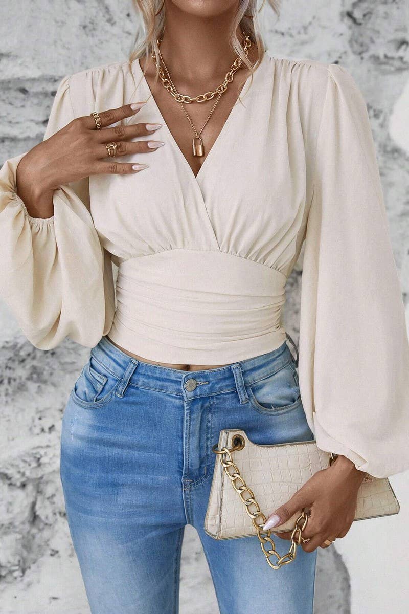 CWTTL2007_SPRING AND AUTUMN FASHION WAIST V-NECK TOP