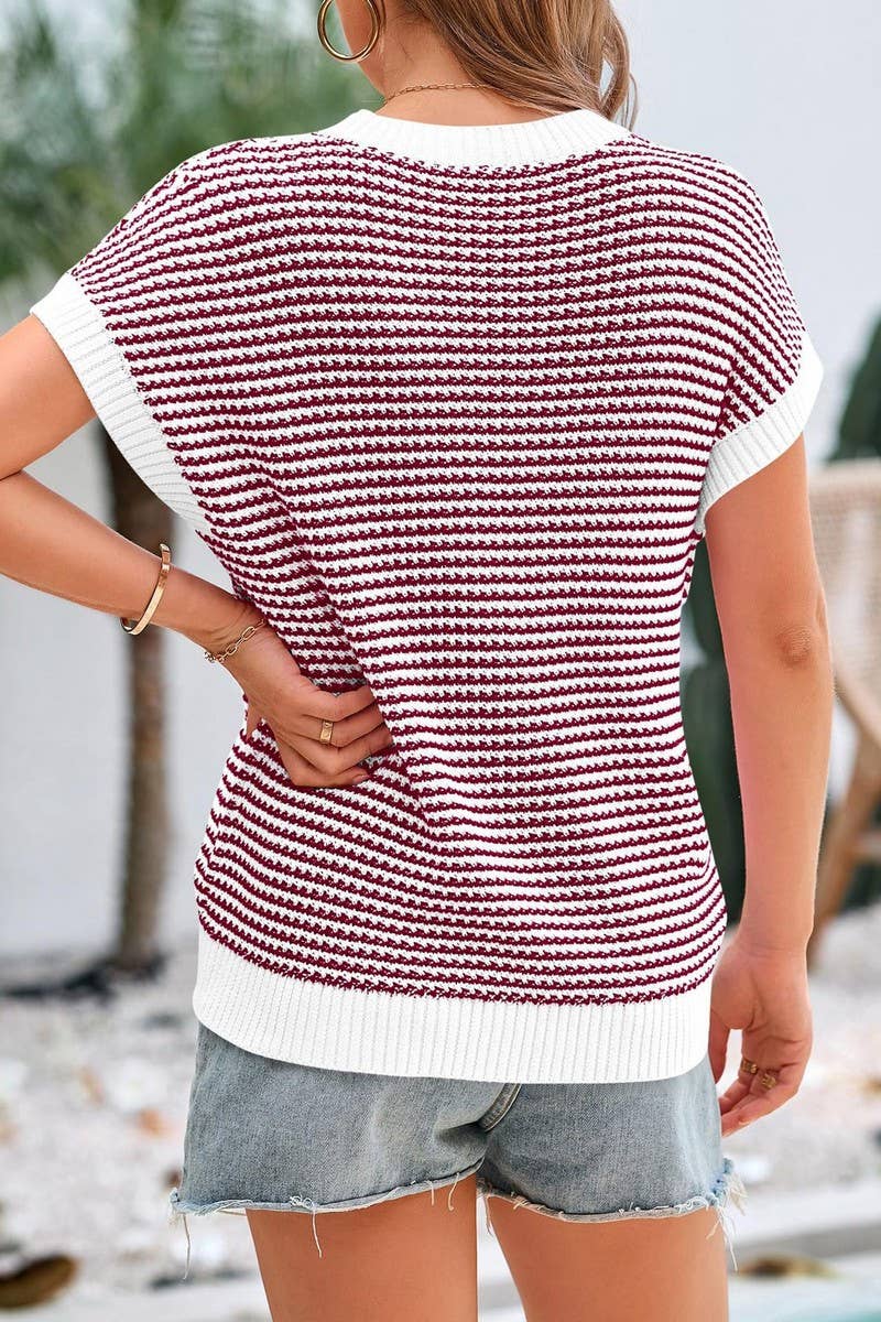 CWTTS1364_SUMMER CREW NECK CASUAL STRIPED KNITTED TOP