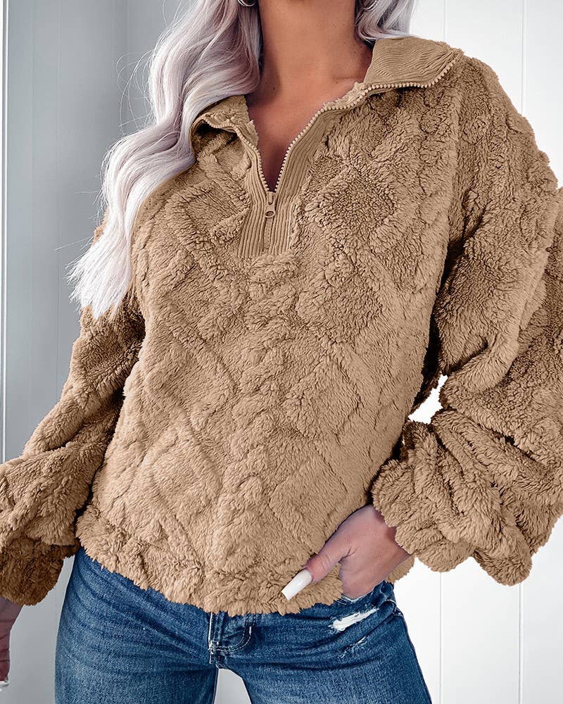 CASUAL LOOSE SOLID COLOR LAPEL FLEECE SWEATER