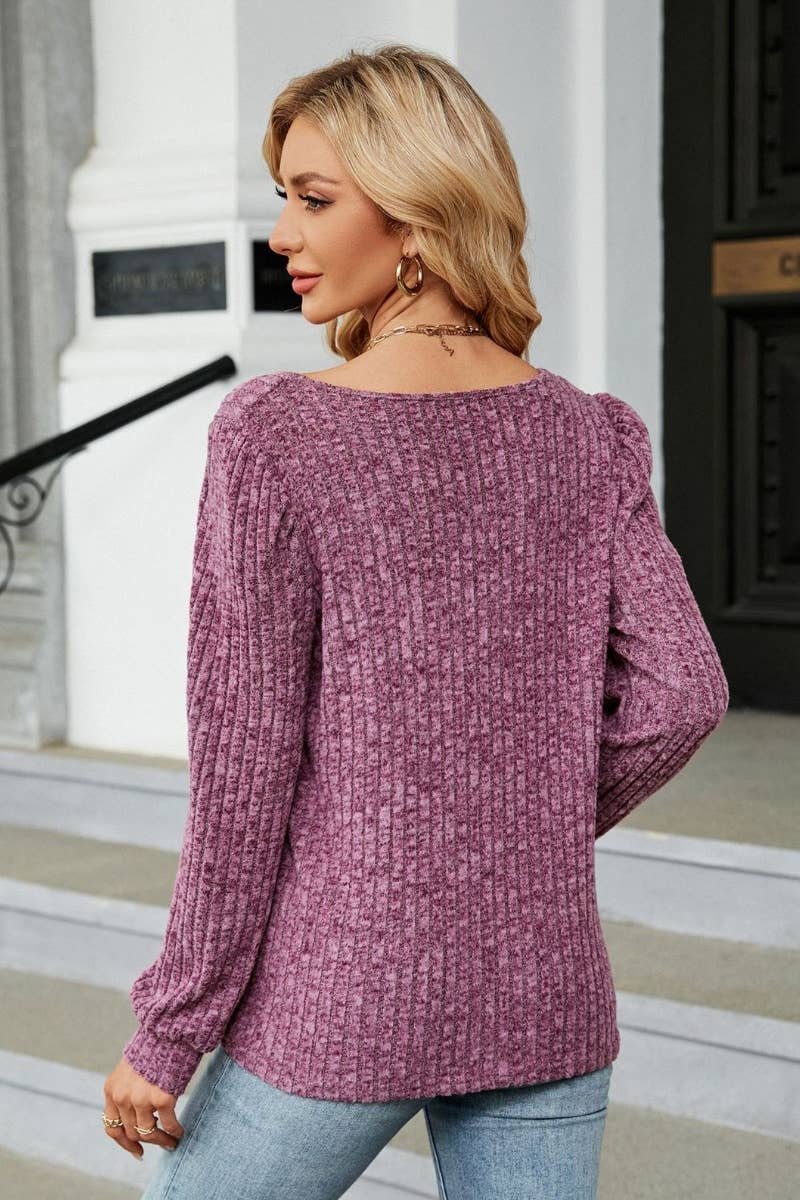 CWOSWL6538_SOLID COLOR SQUARE COLLAR LONG-SLEEVED SWEATER