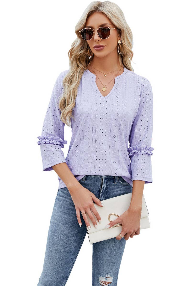 CWTTS0763_3/4 Sleeve Ruffle Detailed V-Neck  Blouse