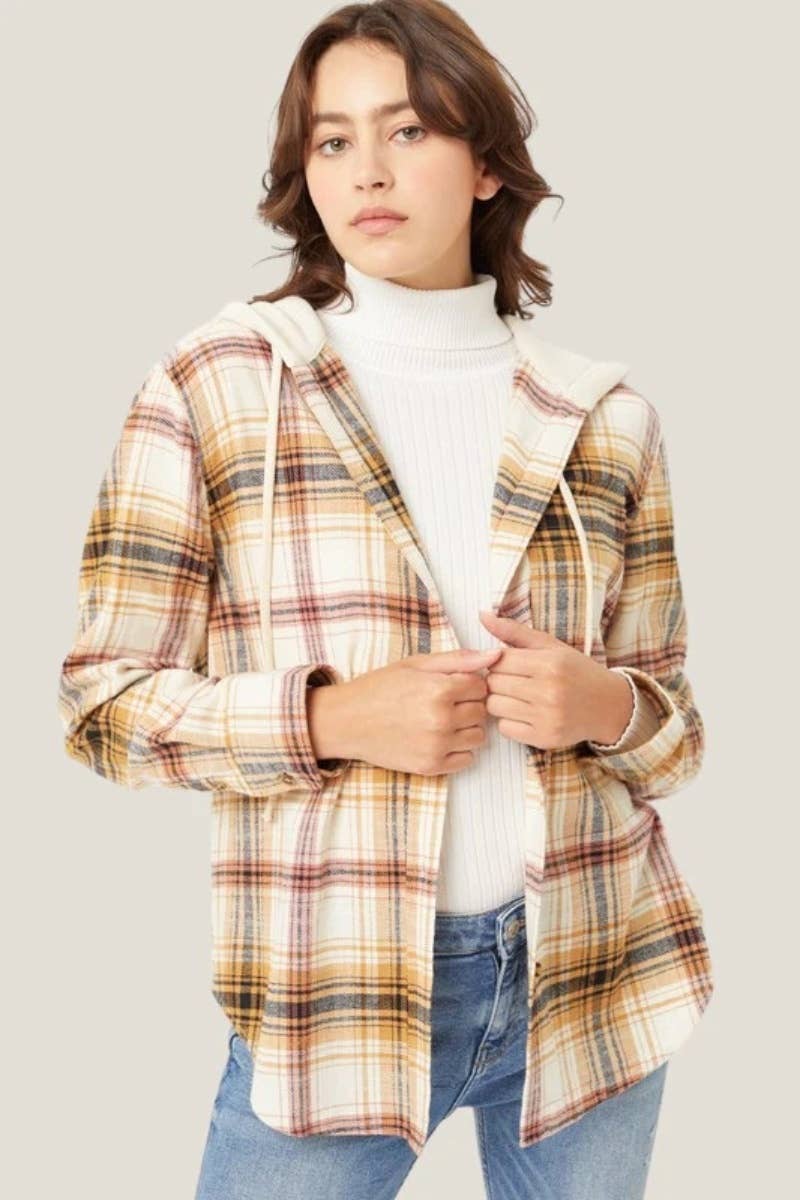 CWTSTL2118_WINTER HOODED PLAID BUTTON-DOWN SHIRT TOP COAT