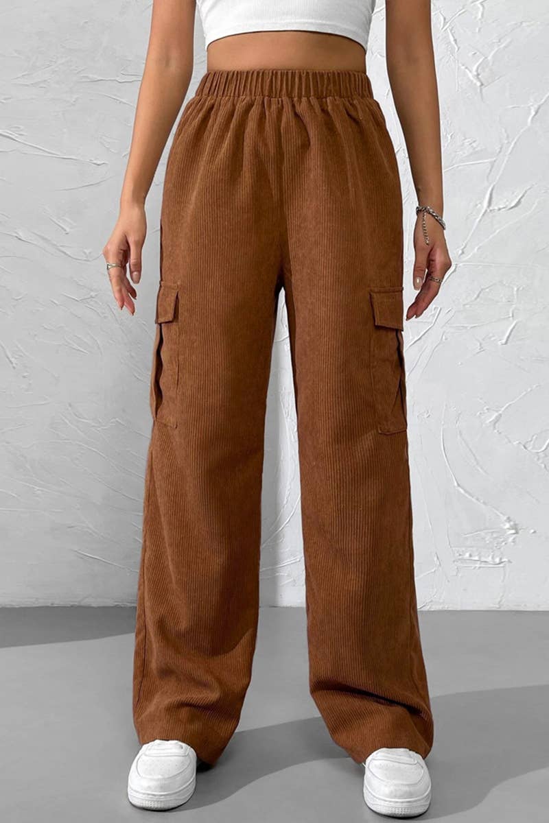 ELASTIC WAIST CORDUROY TOOLING STRAIGHT PANTS_CWBLP0451