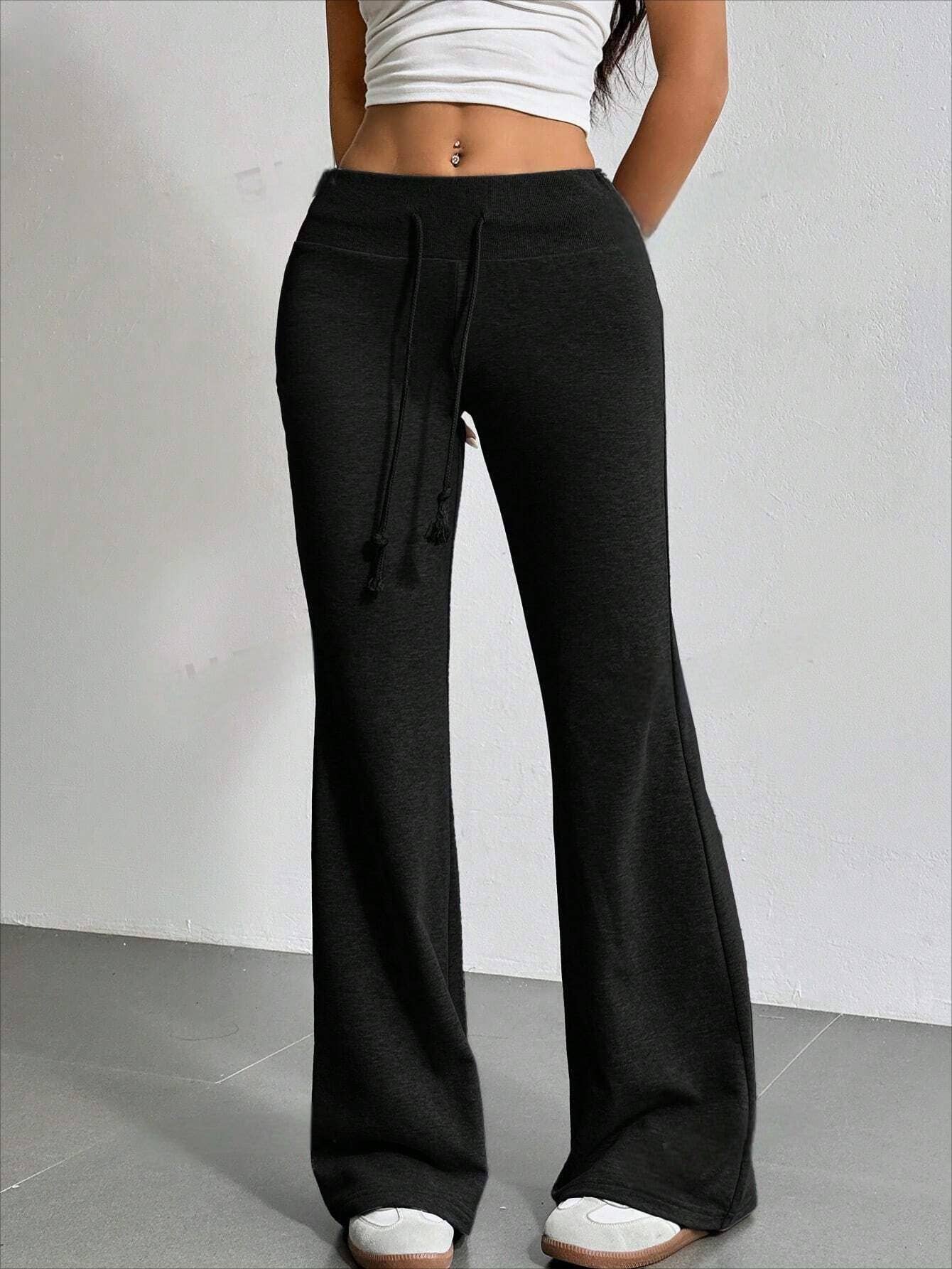 DRAWSTRING HIGH-WAISTED SOLID COLOR BELL BOTTOMS