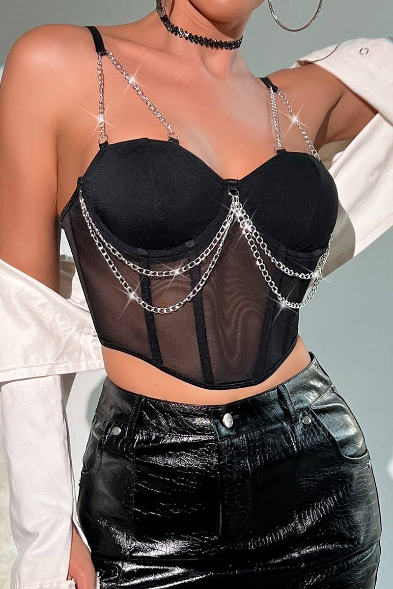 CWTTK0749_MESH STITCHING METAL CHAIN HERRINGBONE SHORT TOP