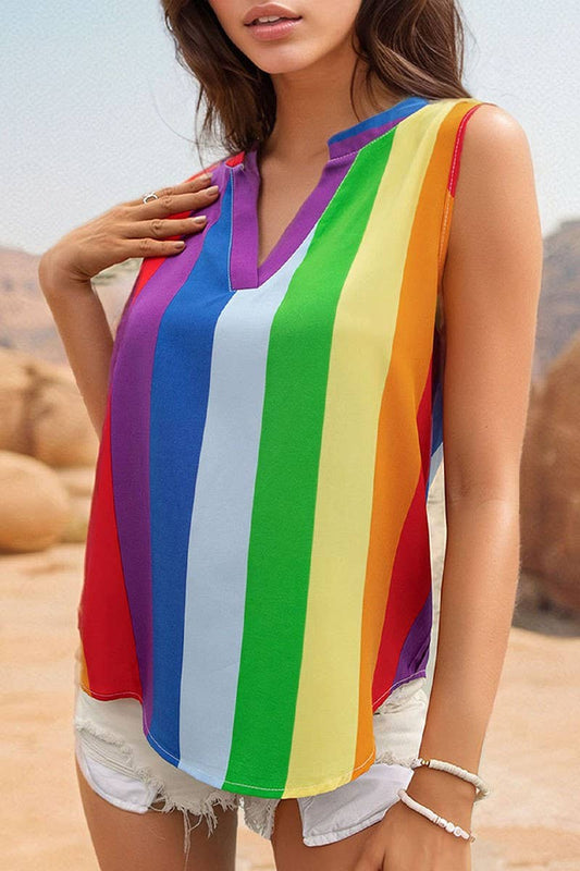 CWTBLS1638_2025 CASUAL BASIC COLOR STRIPED V-NECK SHIRT