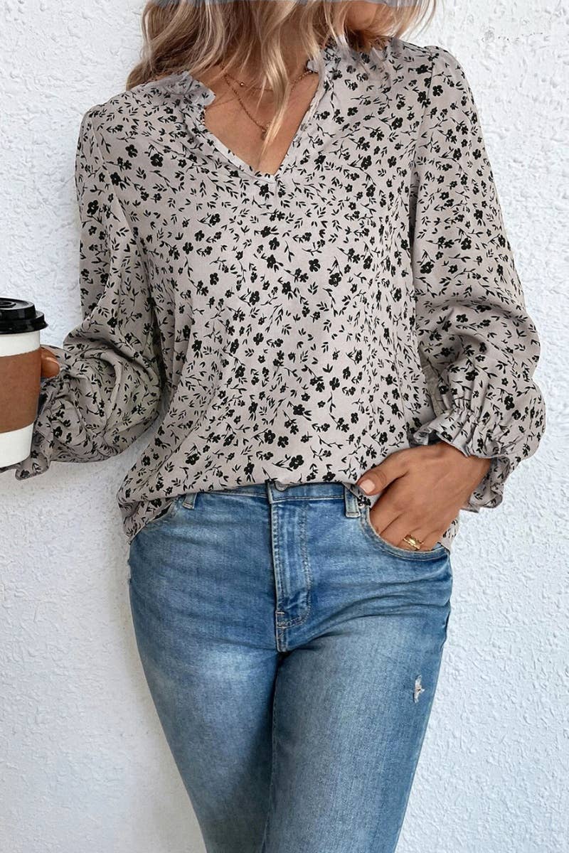 CWTSTL2080_FLORAL V-NECK RUFFLED LONG-SLEEVED SHIRT