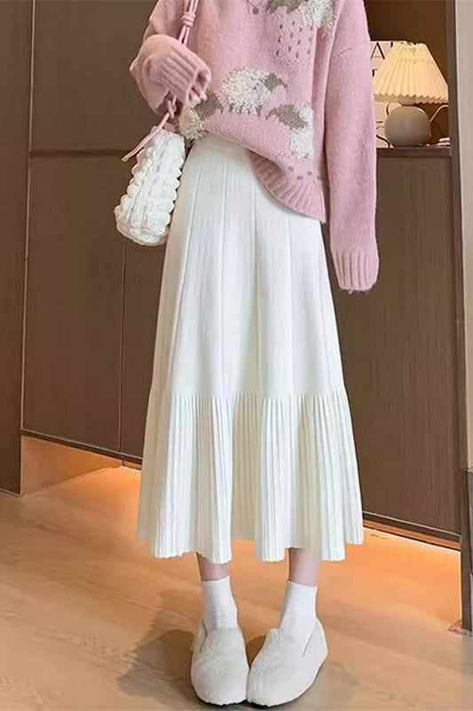 CWBLS0298_SOLID COLOR HIGH WAIST PLEATED KNITTED SKIRT