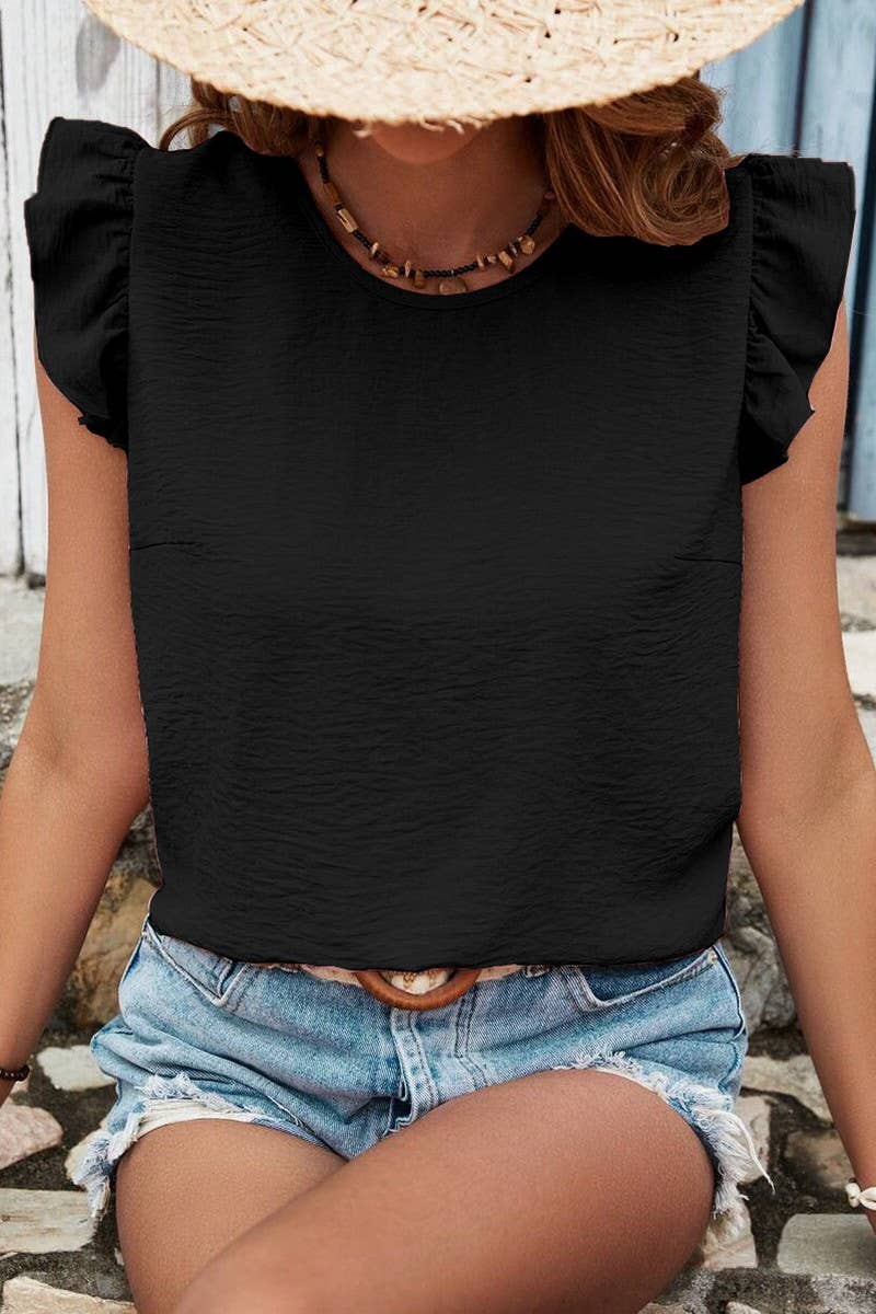 CWTBLSL0696_SOLID COLOR ROUND NECK RUFFLE BOW VEST TOP