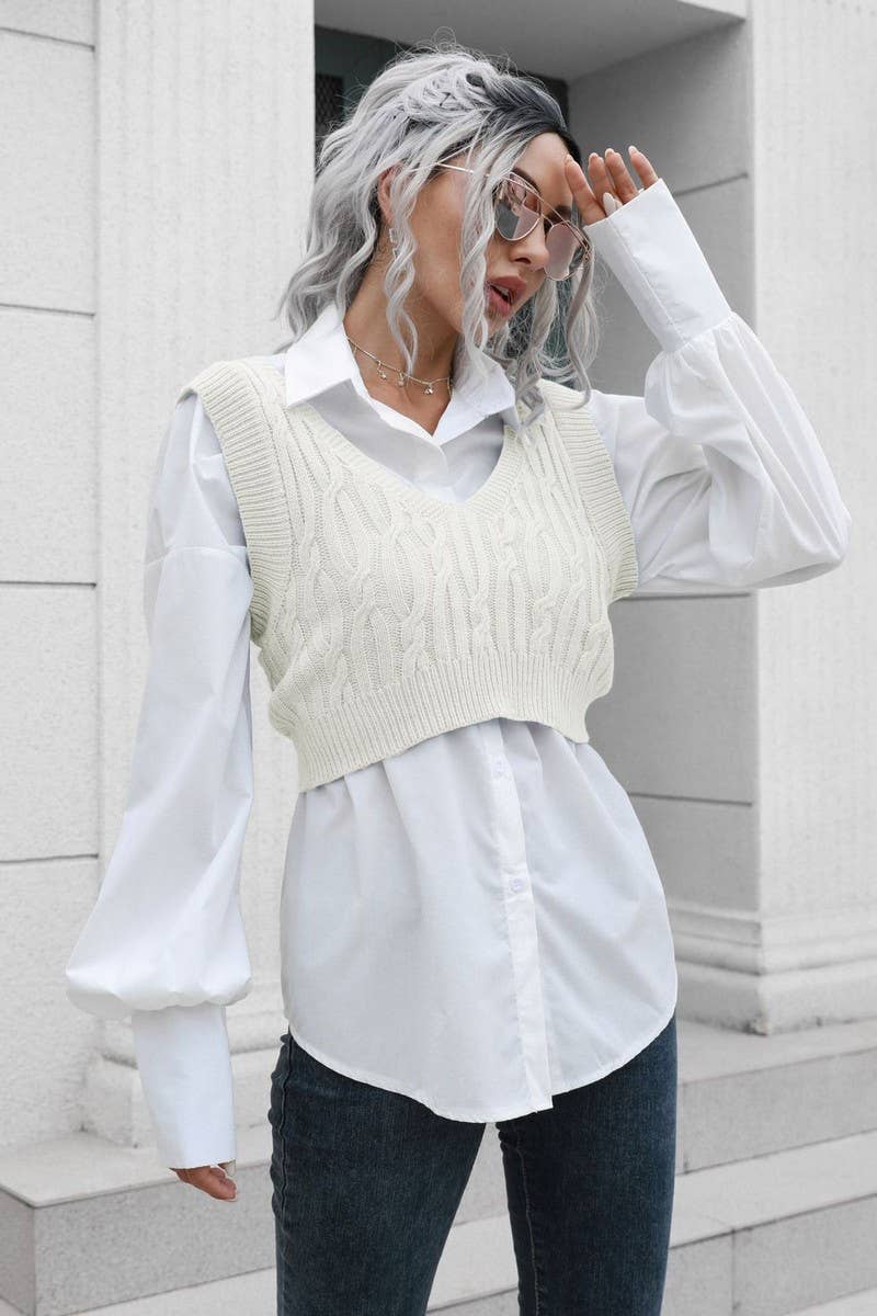 CWOV0500_CABLE KNIT V-NECK CROPPED VEST SWEATER