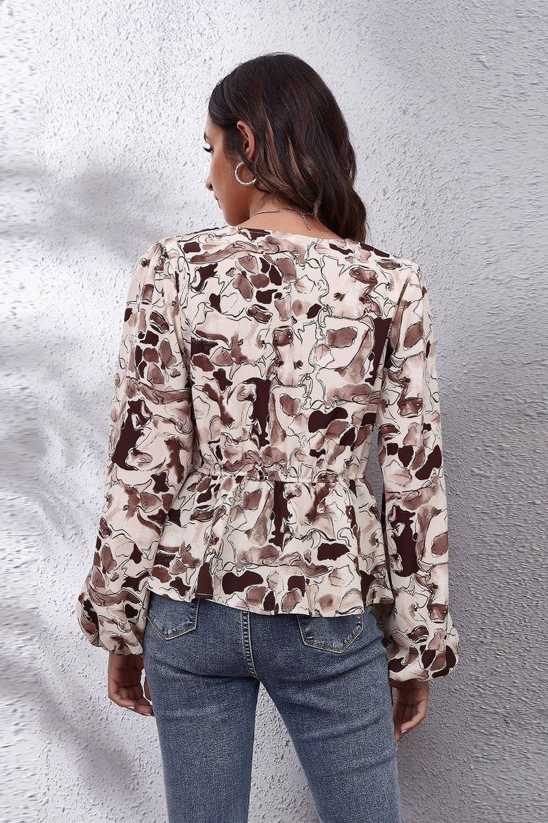 CWTBLL0707_V-Neck Long Sleeve Print Blouse