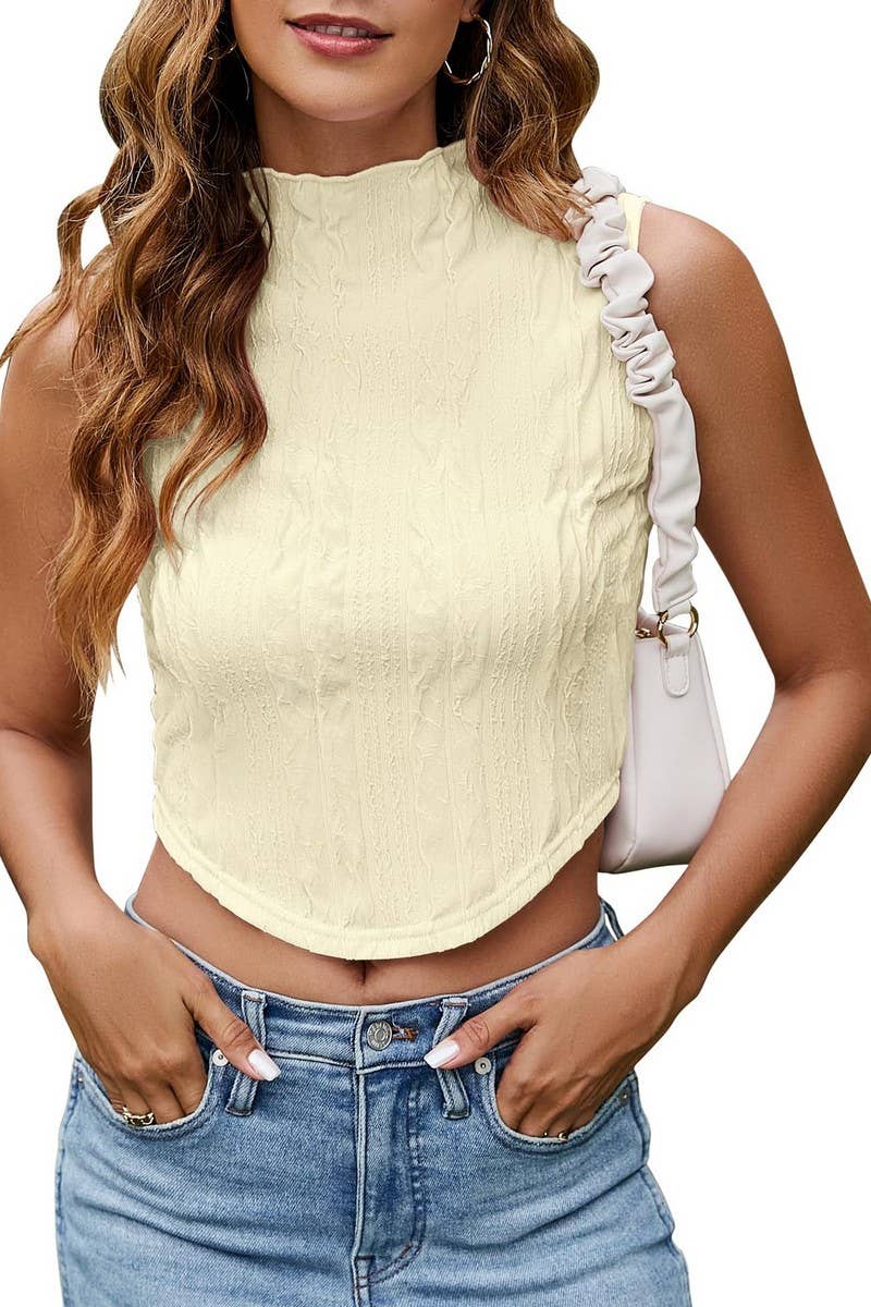 CWTBLSL0585_SLEEVELESS KNITTED ROUND NECK NAVEL VEST TOP