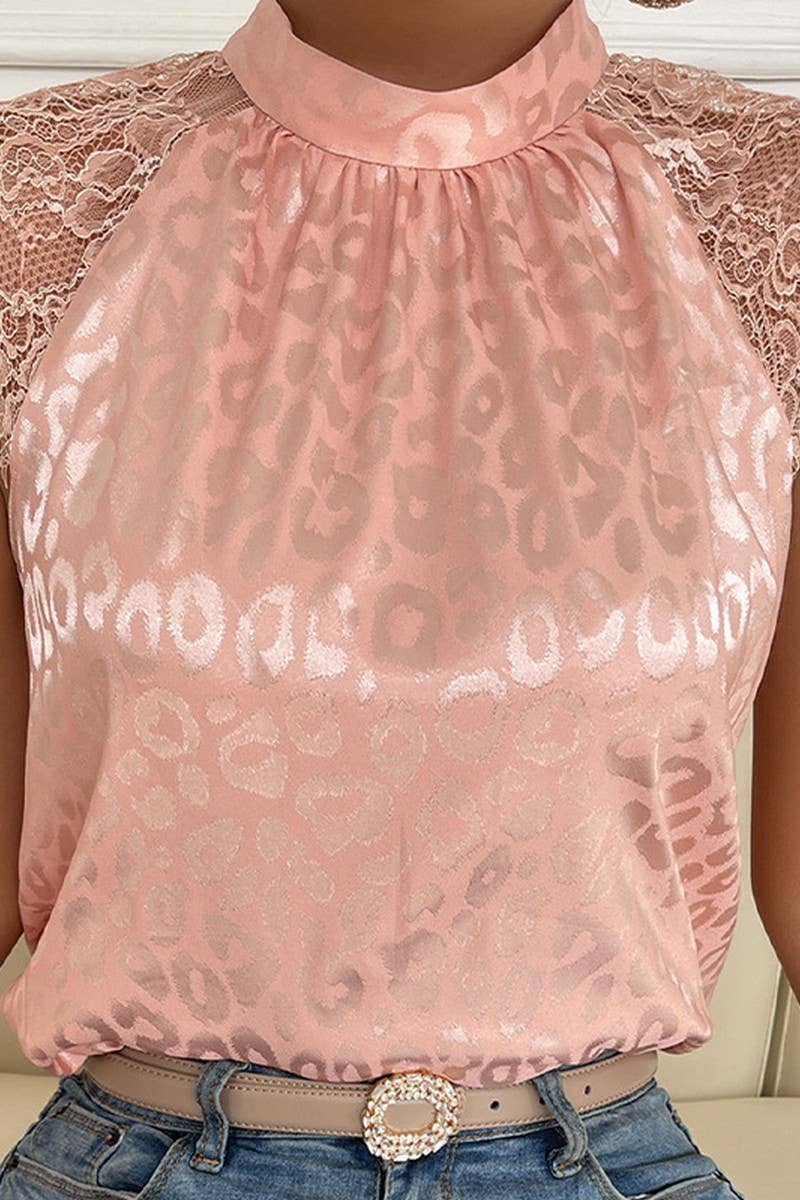 CWTBLSL0821_LEOPARD PRINT MOCK NECK LACE SLEEVE BLOUSE