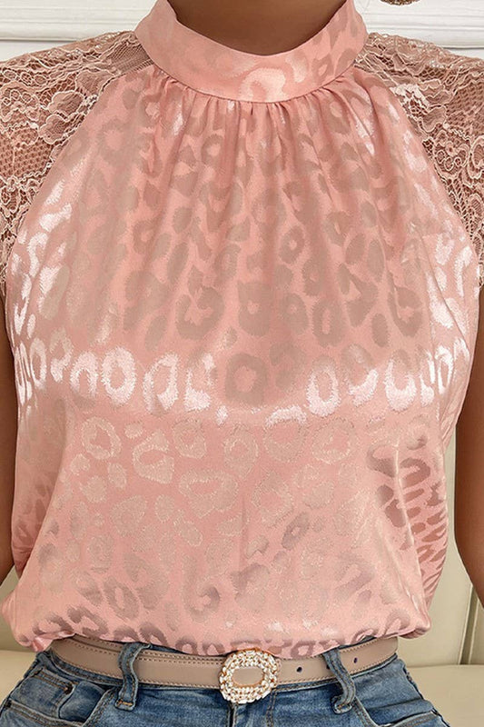 CWTBLSL0821_LEOPARD PRINT MOCK NECK LACE SLEEVE BLOUSE