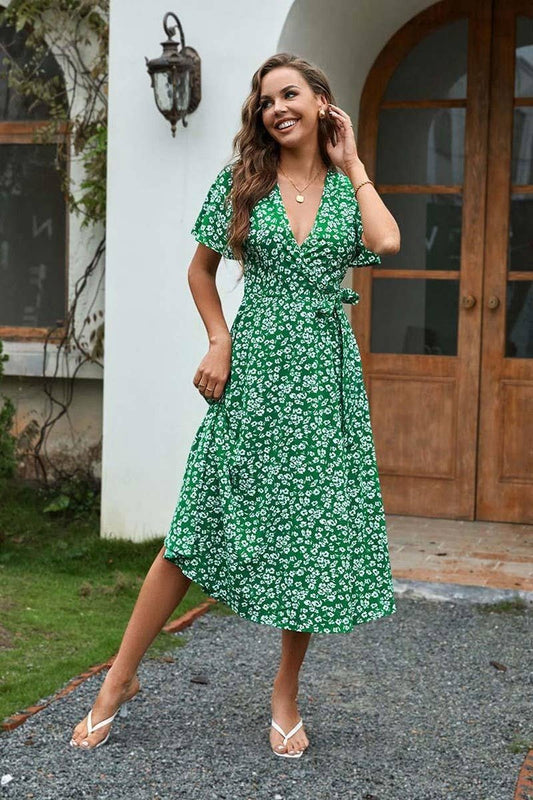 CWDMD4130_PRINTED V-NECK TIE HIGH WAIST MIDI DRESS