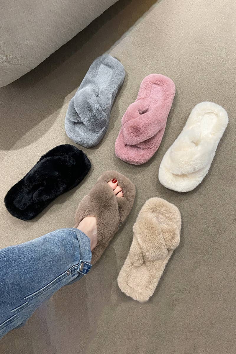 CROSS STRAP FLUFFY BEDROOM SLIPPERS
