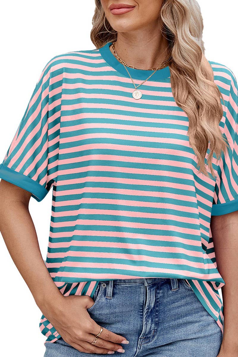 CWTTS1299_LOOSE STRIPED COLORBLOCK CREW NECK T-SHIRT TOP