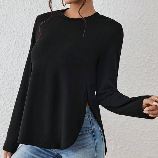 CASUAL ROUND NECK OPEN LONG-SLEEVED T-SHIRT TOP