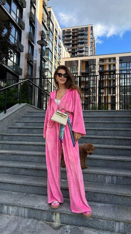 Casual velvet zipper hooded wide-leg pants set