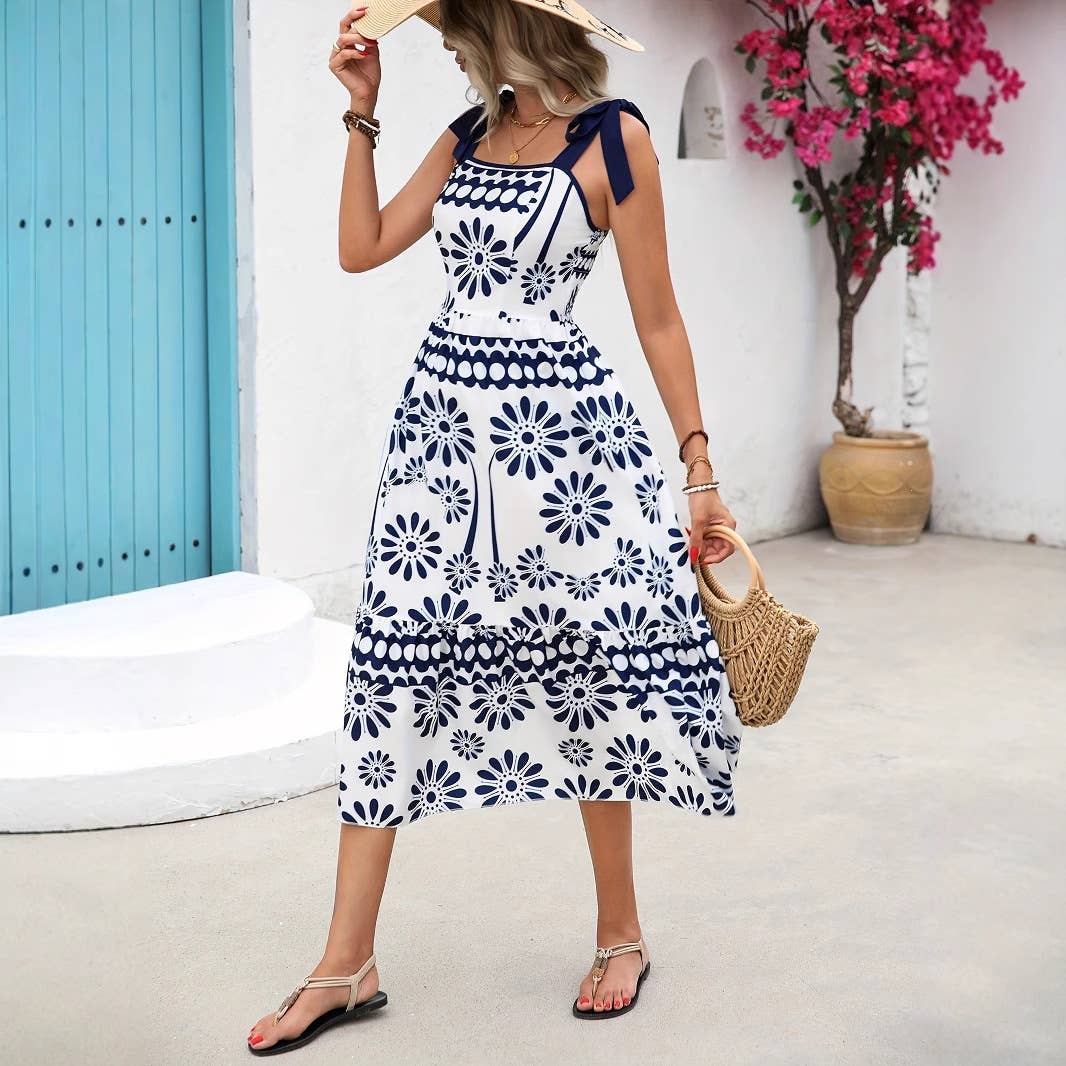 Casual bow shoulder strap printed long dress