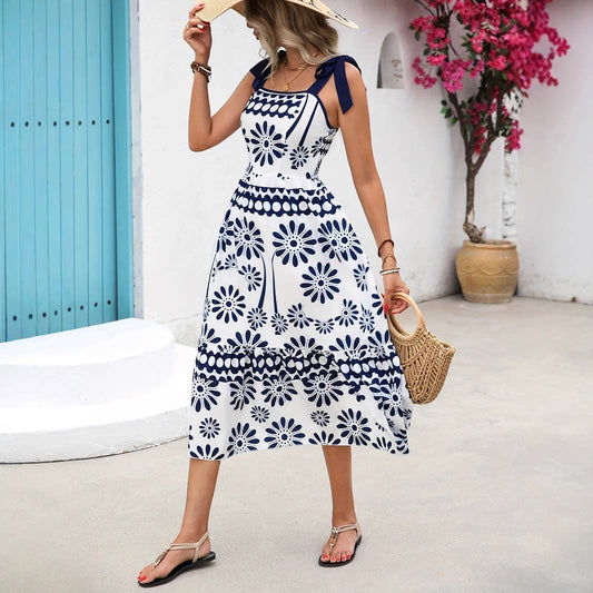 Casual bow shoulder strap printed long dress