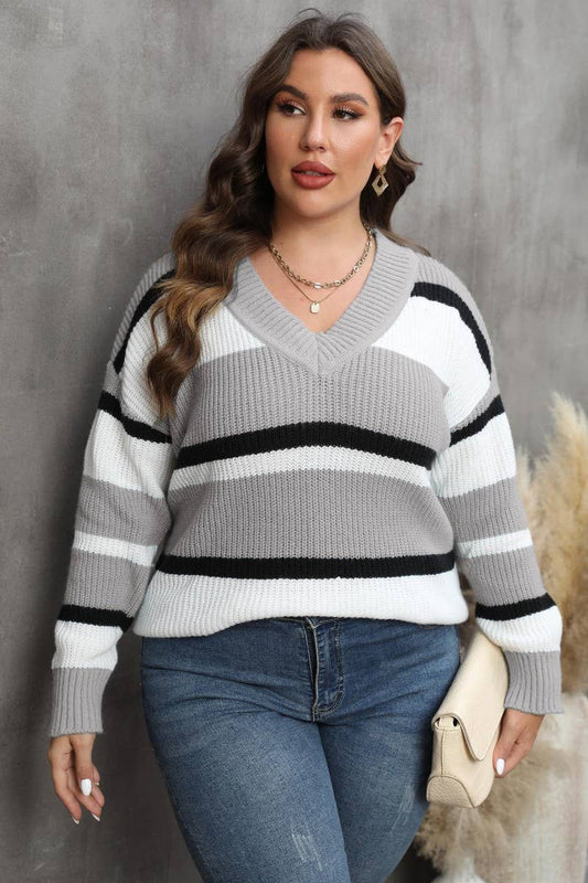 CWOSWL1583_PLUS Size V-Neck Long Sleeve Pullover Sweater
