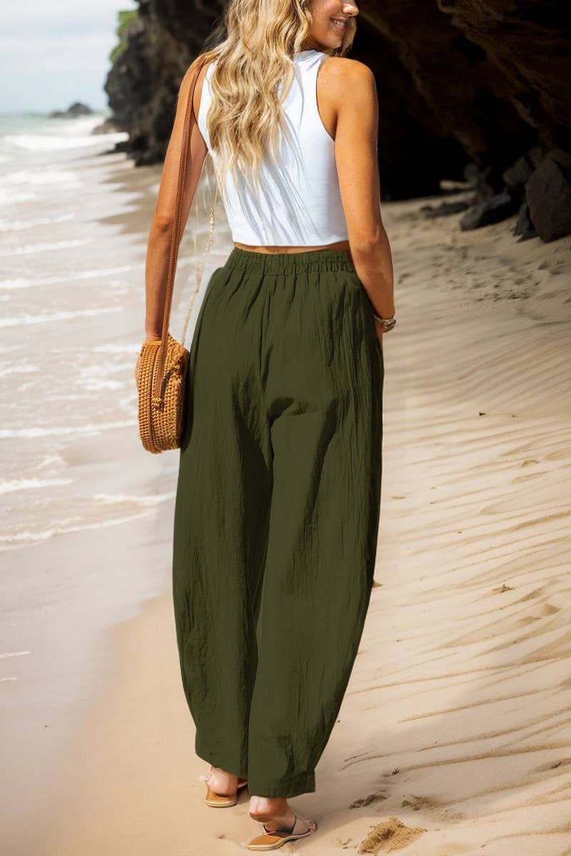 CWBLP01074_2025 WOMEN LINEN COTTON CASUAL PANTS ELASTIC WAIS