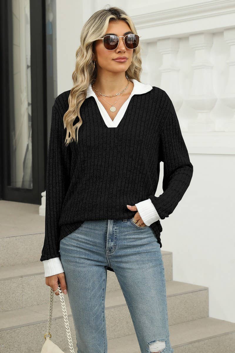 CWTBLL1874_CONTRAST COLOR LAPEL LONG SLEEVE LOOSE TOP