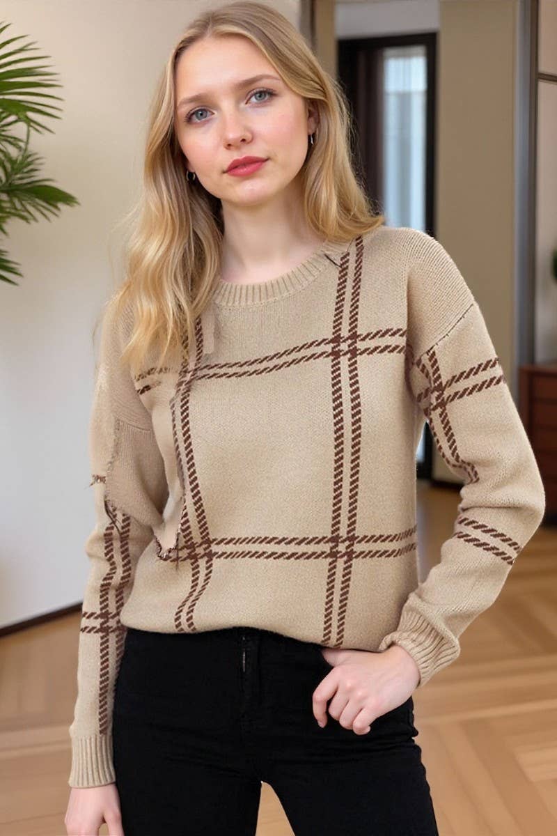 CWOSWL07350_PLAID COLORBLOCK CREWNECK KNIT SWEATER