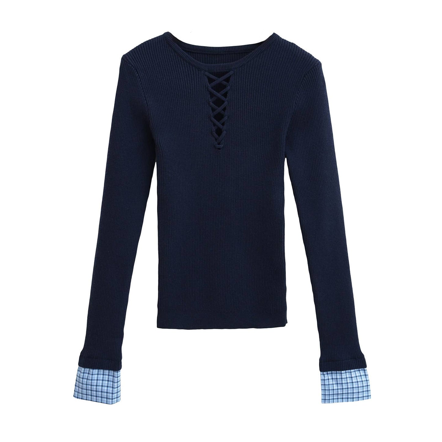 CONTRASTING PLAID PATCHWORK LONG-SLEEVED KNITWEAR