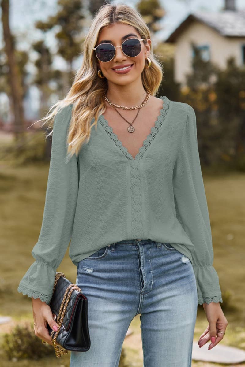 CWTBLL2710_STYLISH V-NECK LACE PATCHWORK LONG-SLEEVED TOP