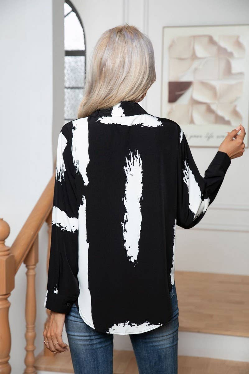 CWTTL1390_Casual Print Foldover Collar Pullover Top