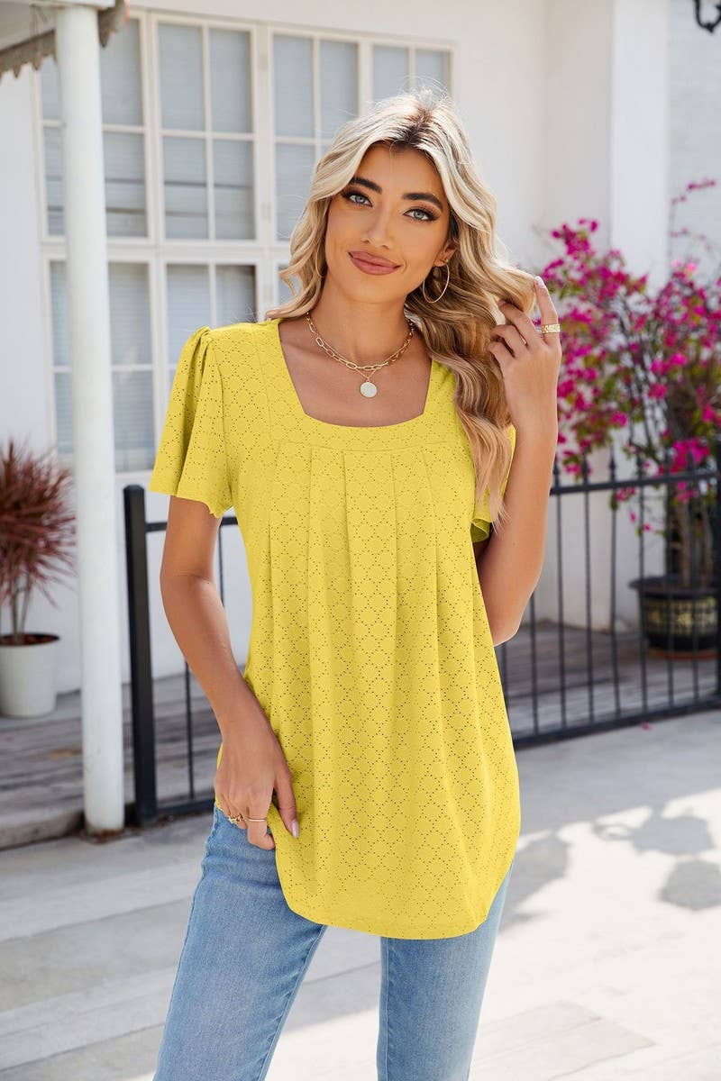 CWTTS0813_Squre Neck Short Ruffle Sleeve Knit Top