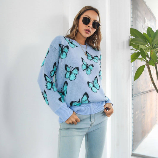 BUTTERFLY SWEATER WITH LOOSE CREW NECK PULLOVER