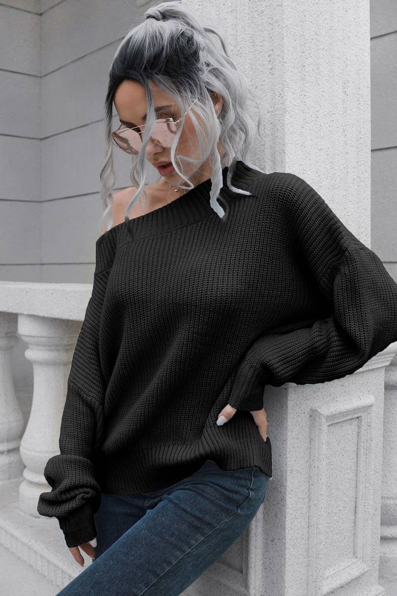 CWOSWL3882_OFF-SHOULDER LONG-SLEEVED KNITTED SWEATER