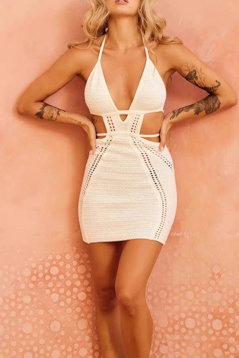 CWDSD7815_SEXY HALTERNECK HOLLOW SUSPENDER DRESS