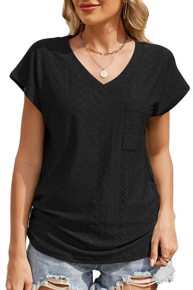 CWTBLS1730_SOLID COLOR V-NECK POCKET SHORT-SLEEVED TOP