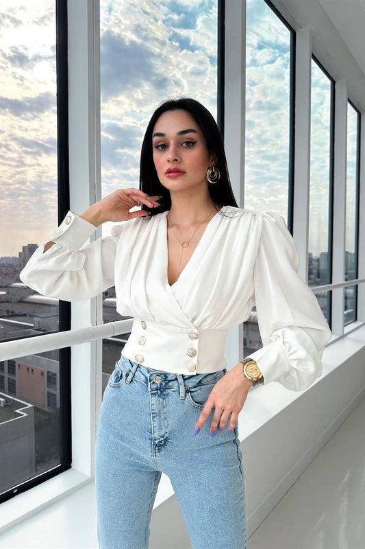 CWTBLL3693_V-NECK SEXY WAIST PUFF SLEEVE SOLID COLOR SHIRT