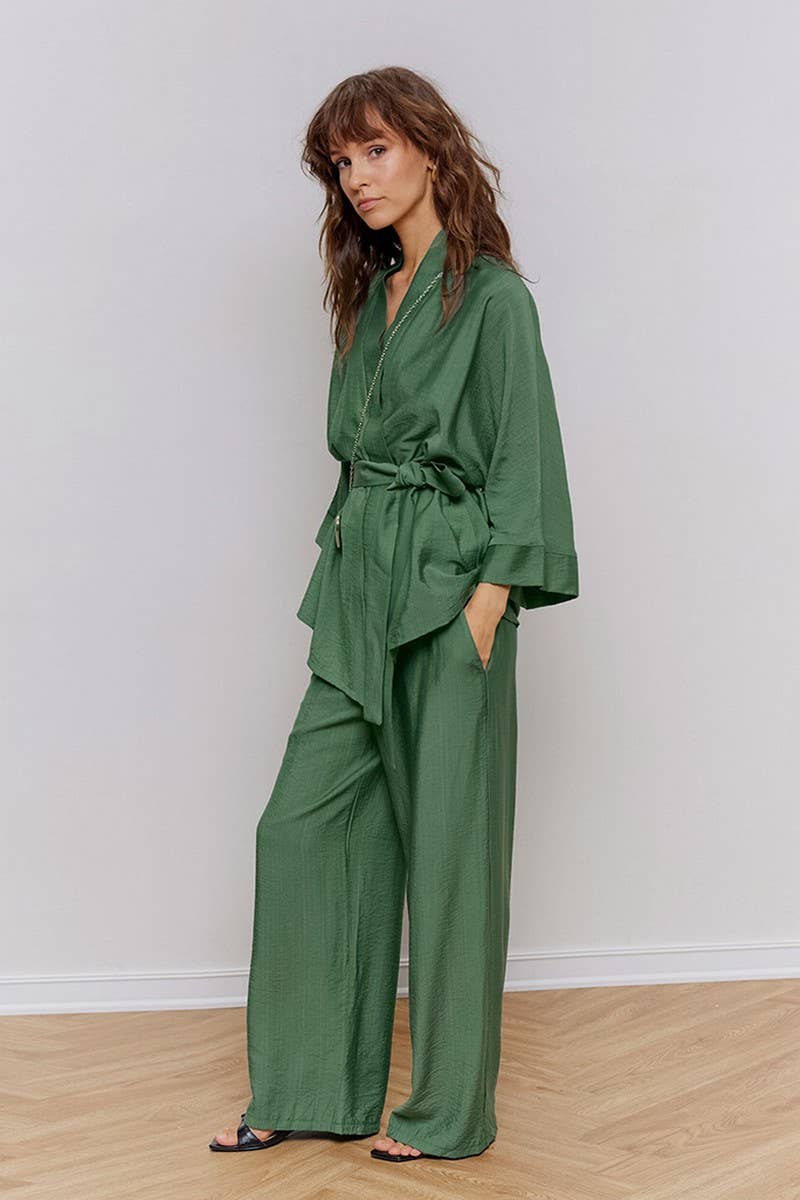 CWSPJ0215_SOLID COLOR LACE-UP NIGHTGOWN HOME WEAR TWO PIECE